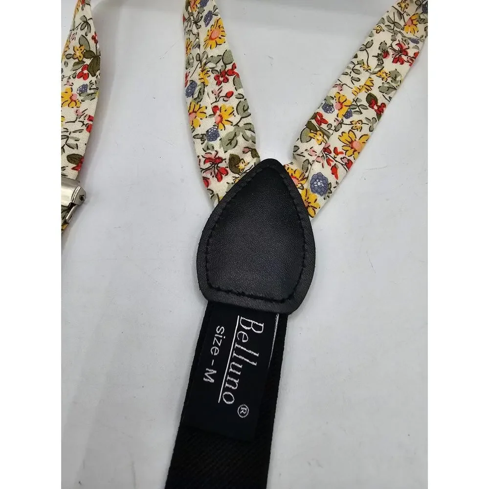 Belluno Kids Sz M Suspenders Cotton Linen Blend Floral Yellow Green